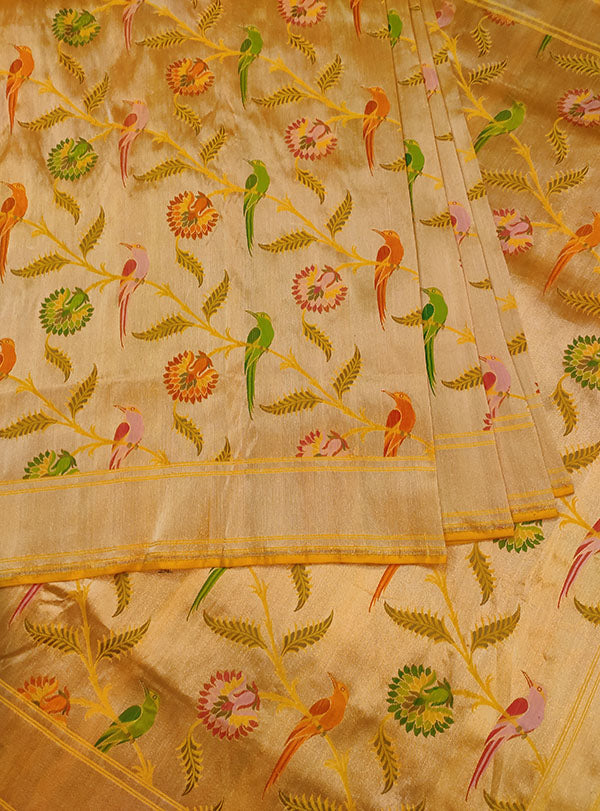 Gold Katan silk Kimkhab Banarasi saree with multicolor bird jaal (4) center