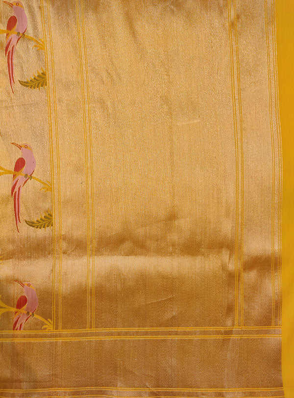 Gold Katan silk Kimkhab Banarasi saree with multicolor bird jaal (5) pallu
