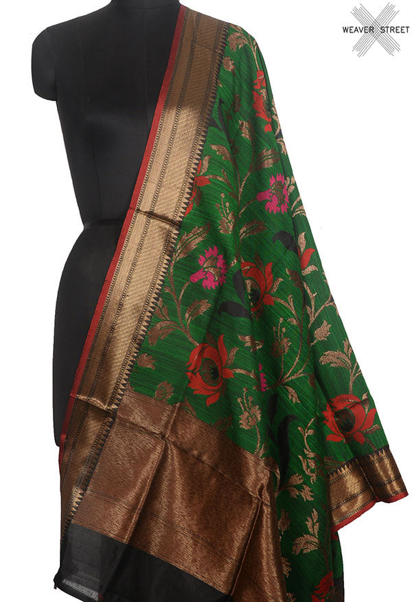 Green Dupion silk handloom Banarasi dupatta with meenedar floral jaal (1) Main