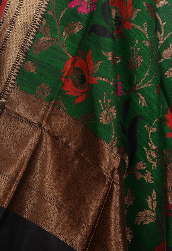 Green Dupion silk handloom Banarasi dupatta with meenedar floral jaal (2) Close up