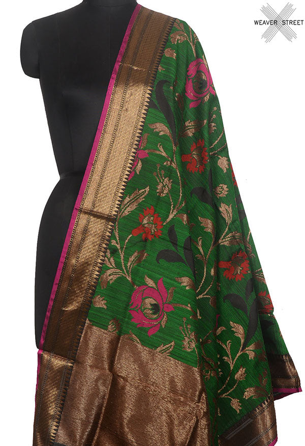 Green Dupion silk handloom Banarasi dupatta with meenedar flower jaal (1) Main