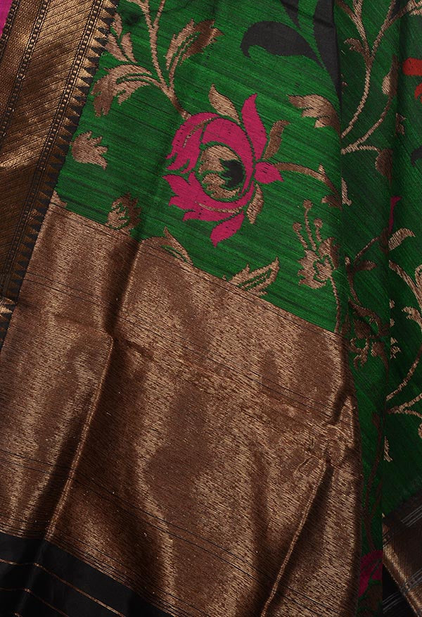 Green Dupion silk handloom Banarasi dupatta with meenedar flower jaal (2) Close up