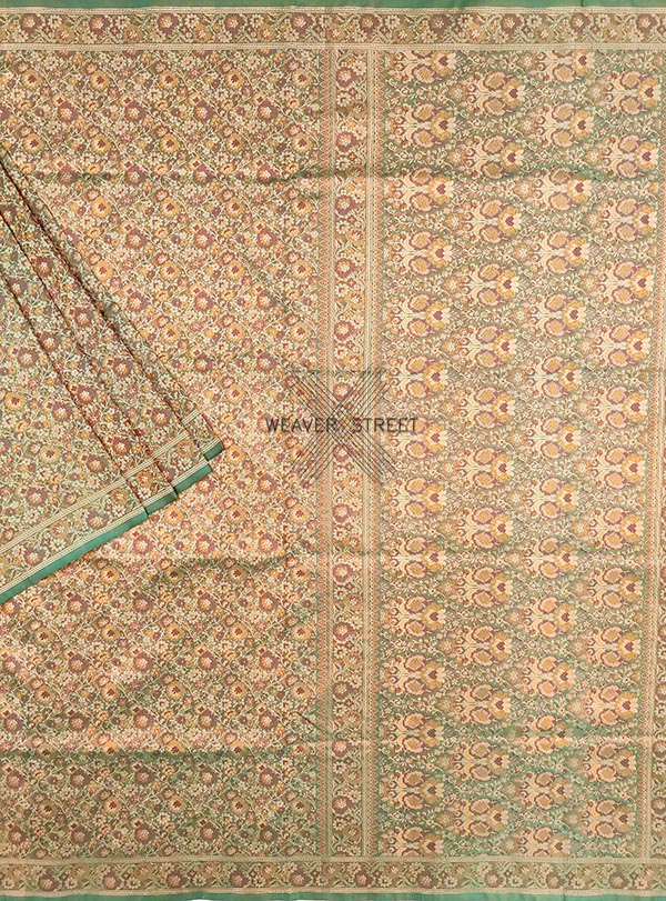 Green Katan silk Handwoven Tanchoi Jamawar Banarasi saree with floral jaal (1) Main