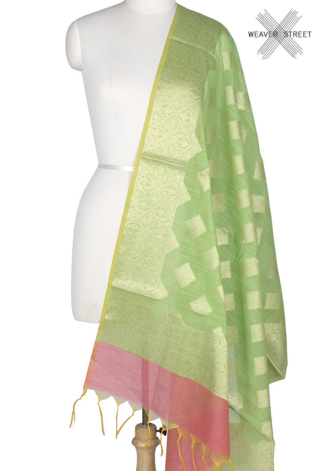 Green Art Silk Cotton Banarasi Dupatta with diamond shape floral motifs (1) Main