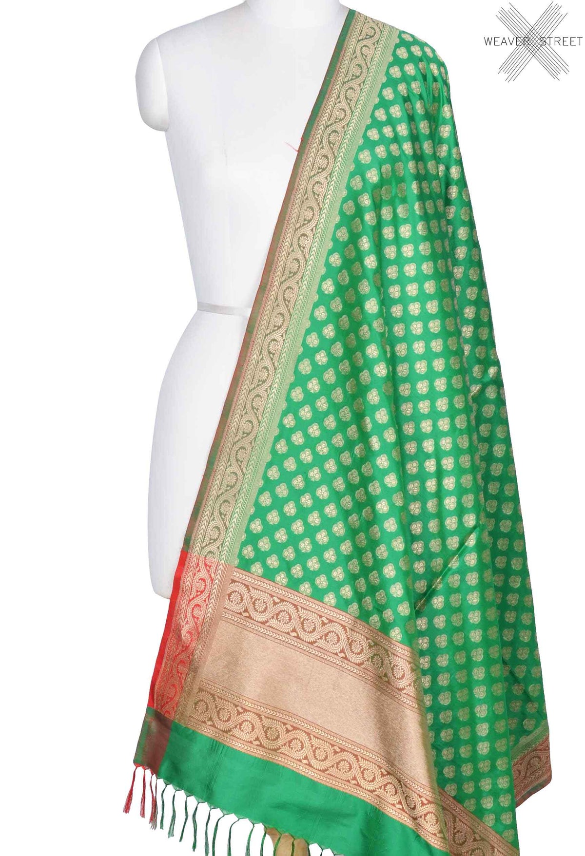 Green Katan Silk Banarasi Dupatta with clove motifs (1) Main
