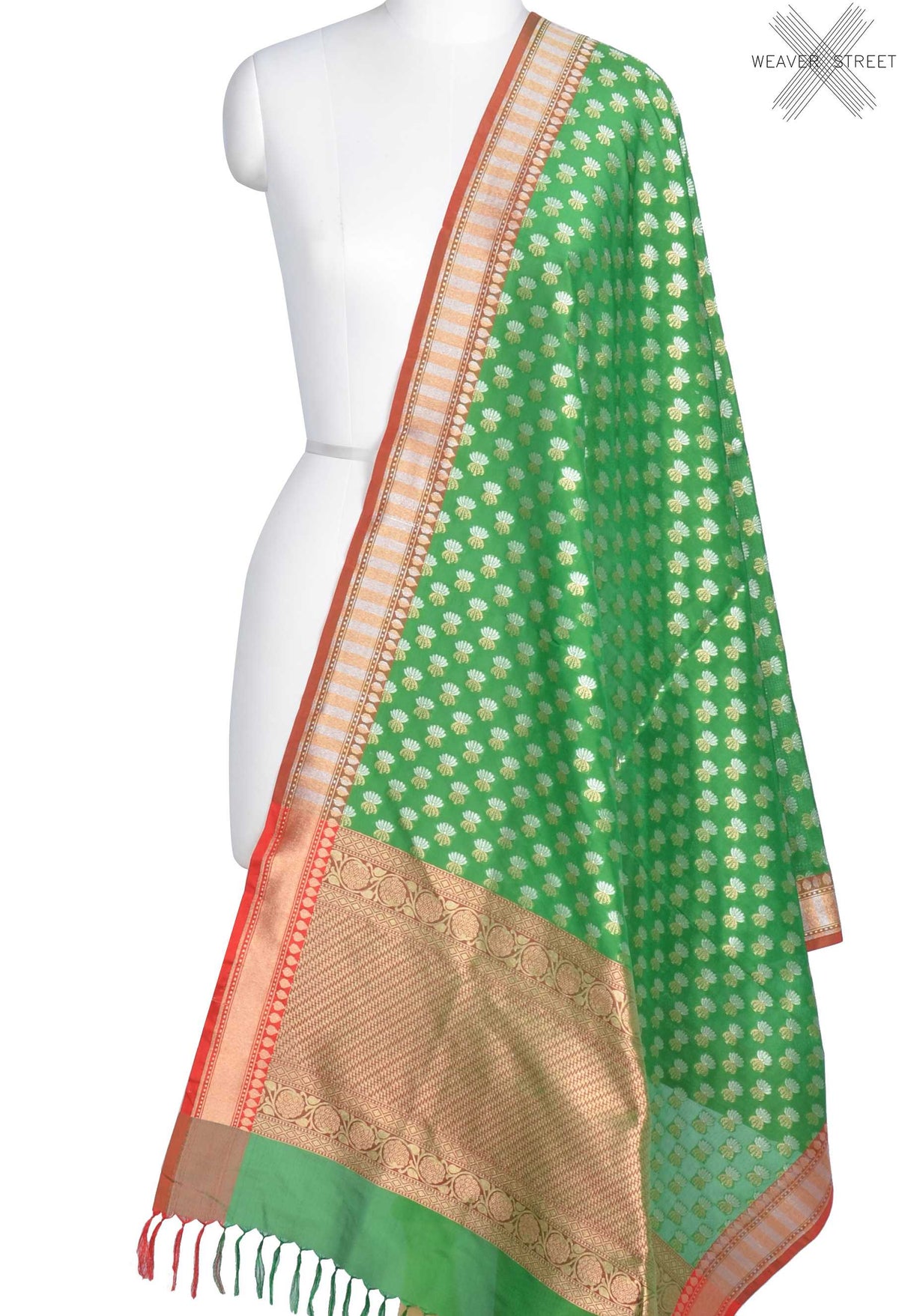 Green Katan Silk Banarasi dupatta with dual zari lotus motifs (1) Main
