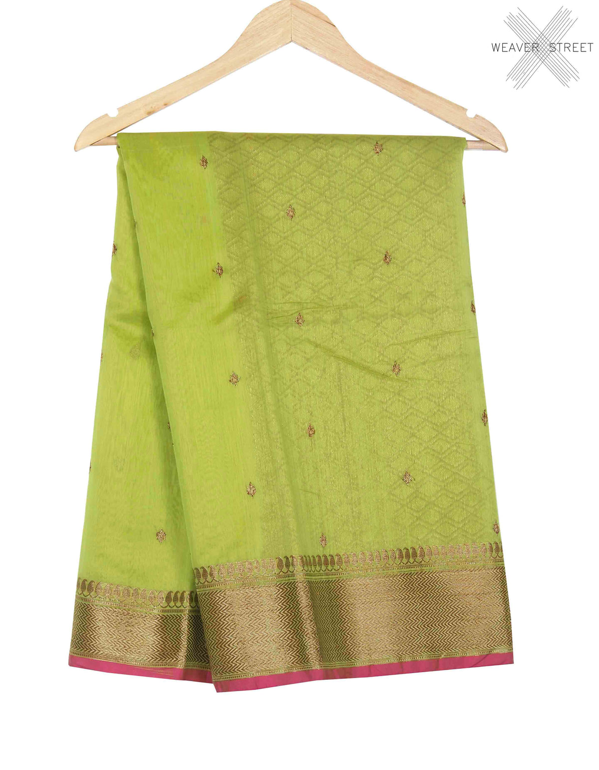 Green Silk Cotton Handwoven Banarasi saree with mini leaf motifs (1) main