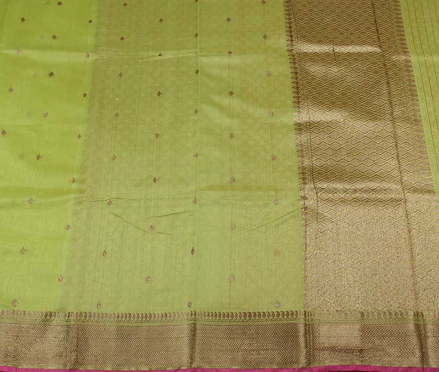 Green Silk Cotton Handwoven Banarasi saree with mini leaf motifs (2) flat