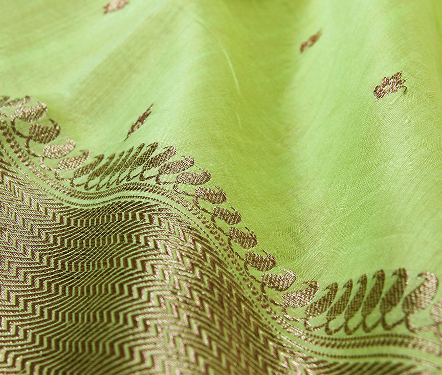 Green Silk Cotton Handwoven Banarasi saree with mini leaf motifs (3) closeup
