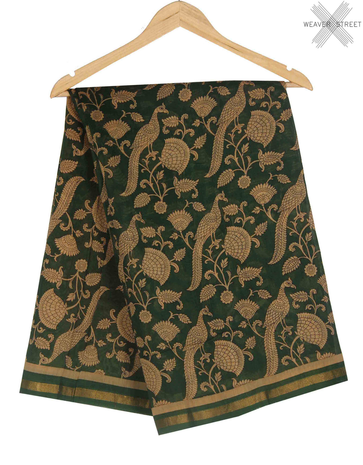 Green Silk Cotton Saree with Peacock prints (1) main