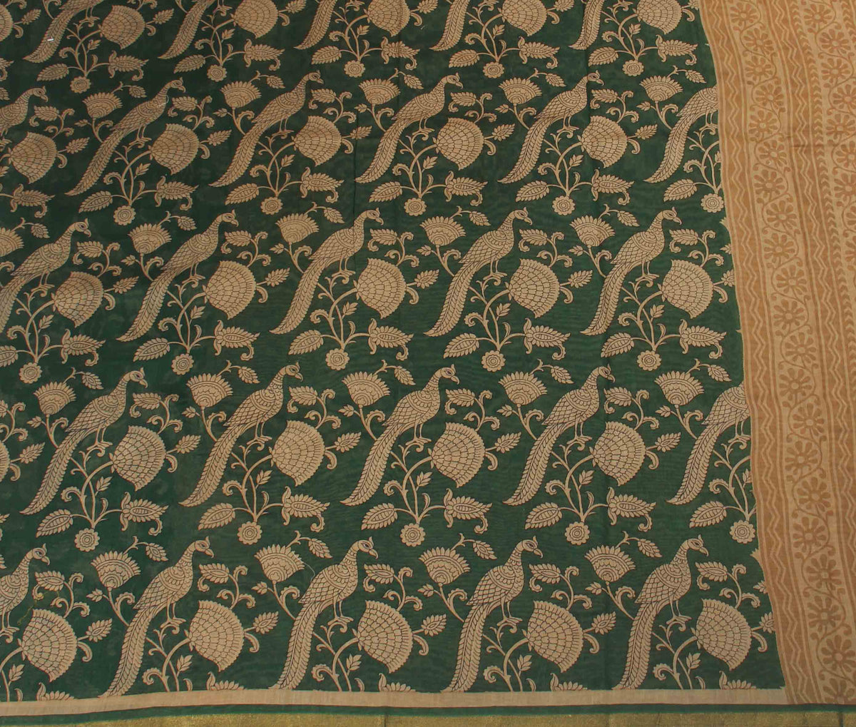 Green Silk Cotton Saree with Peacock prints (2) flat