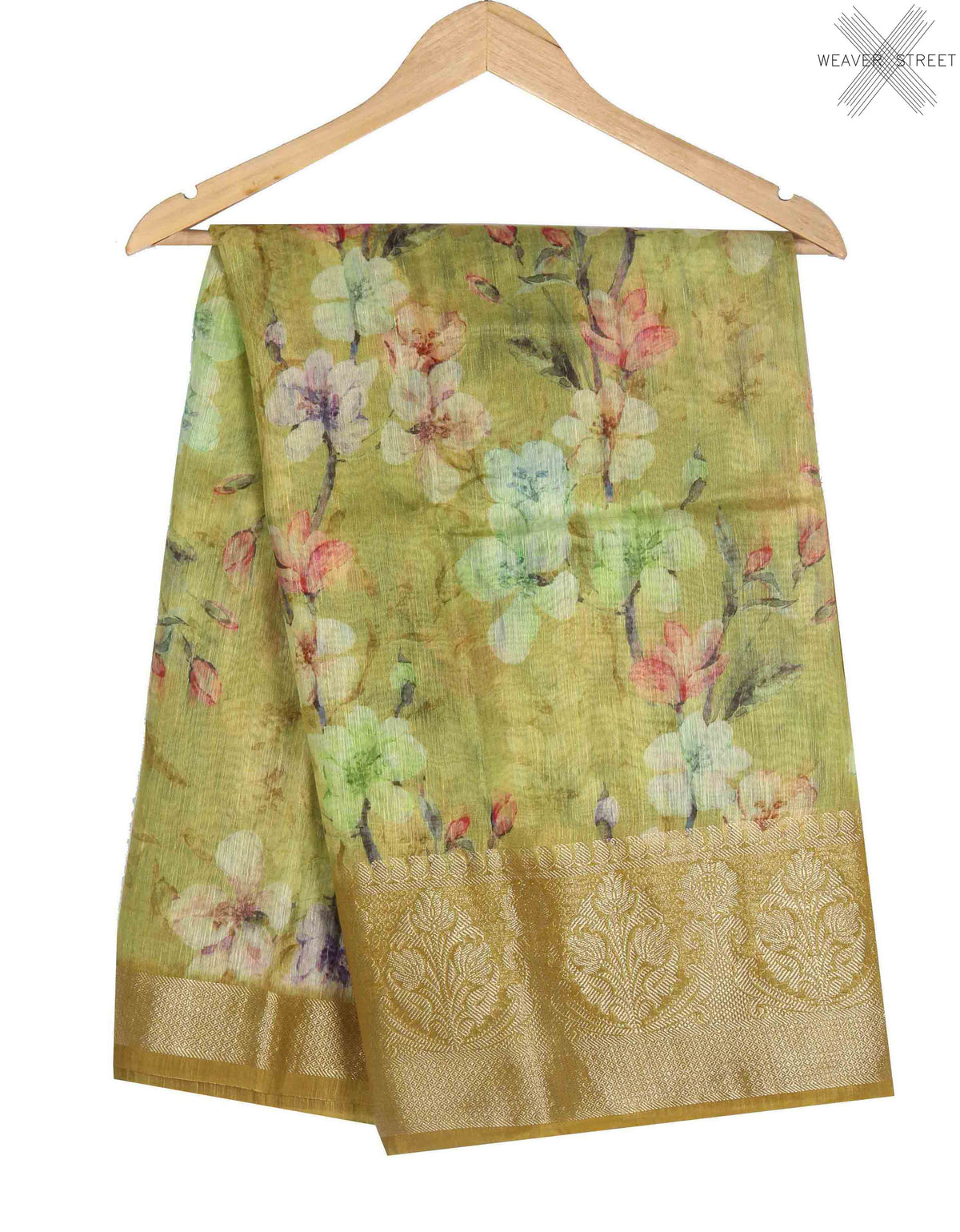Green Silk Linen Banarasi saree with Floral prints (1) main
