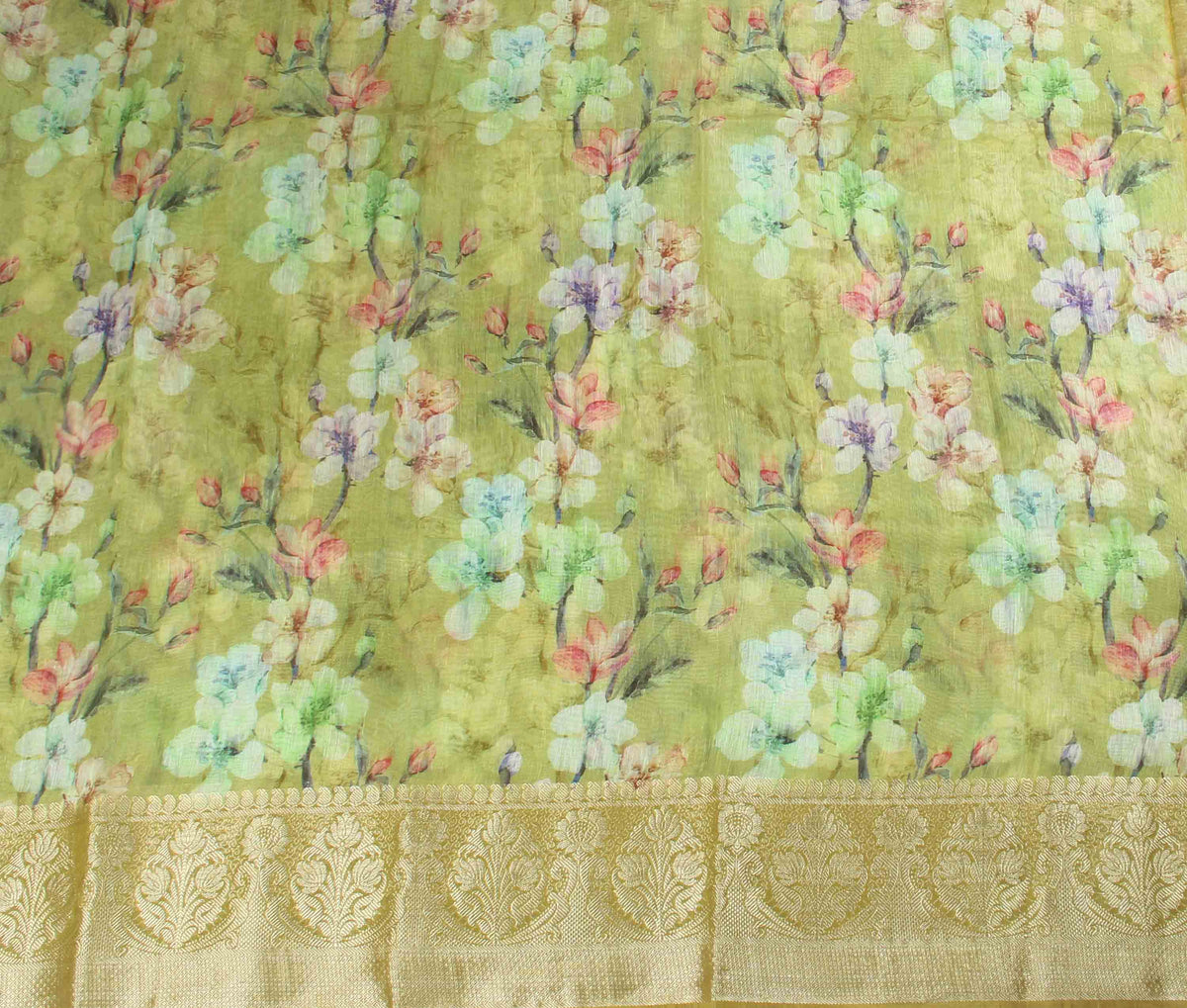 Green Silk Linen Banarasi saree with Floral prints (2) flat