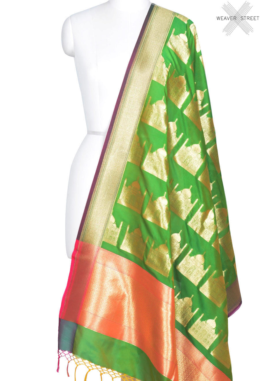 Green art silk Banarasi dupatta with Taj mahal motifs (1) Main
