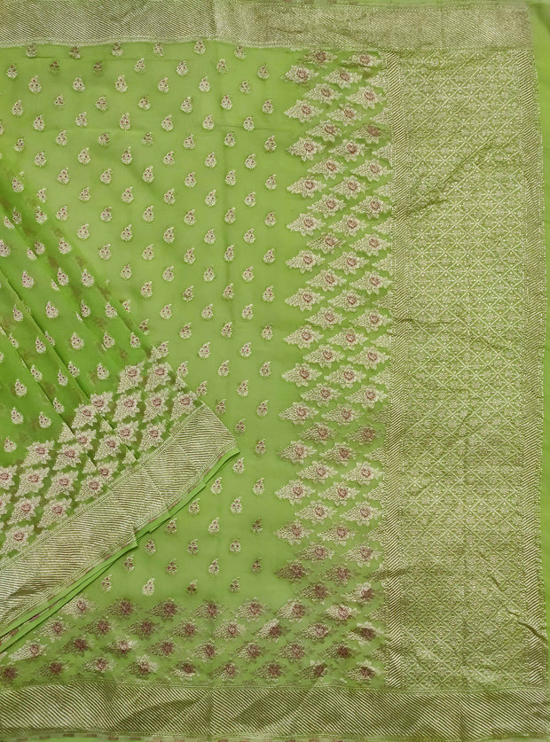 Green khaddi georgette handloom Banarasi saree with mini flower booti (1) Main