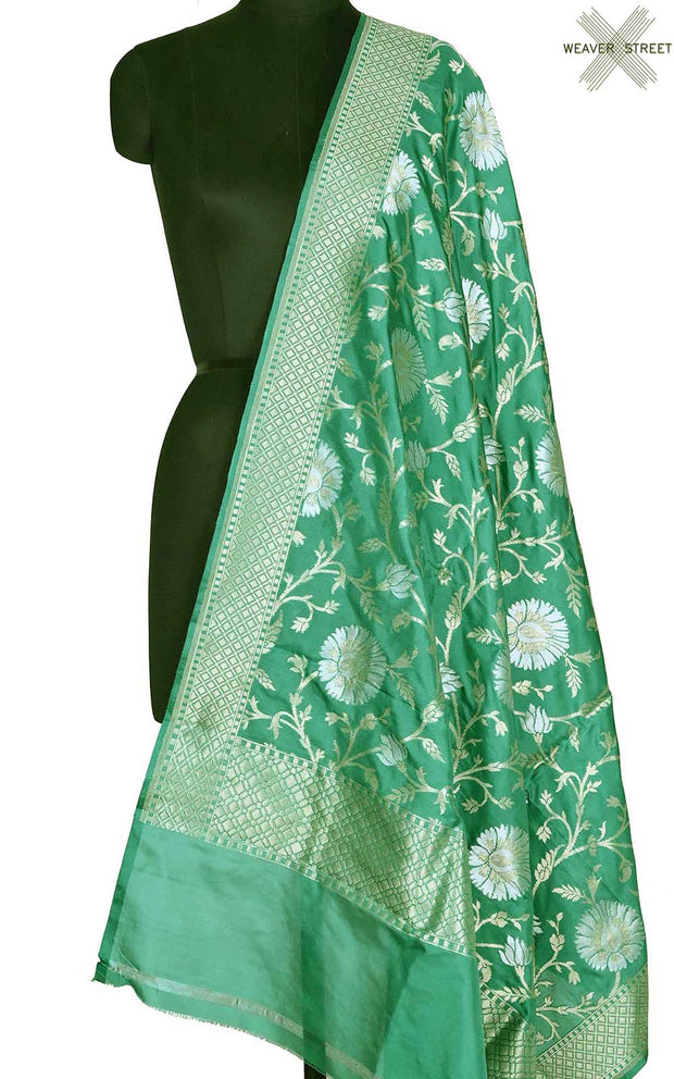 Green katan silk Banarasi dupatta with sona rupa floral jaal (1) Main