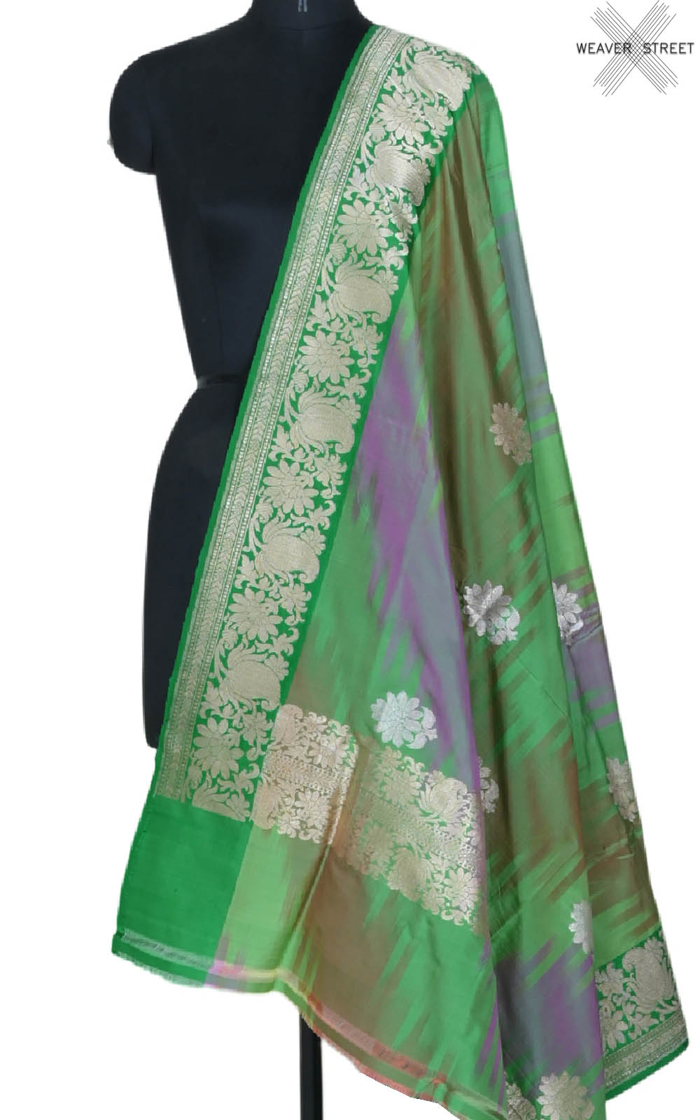 Green rainbow Katan silk handwoven Banarasi dupatta with floral buta (1) main