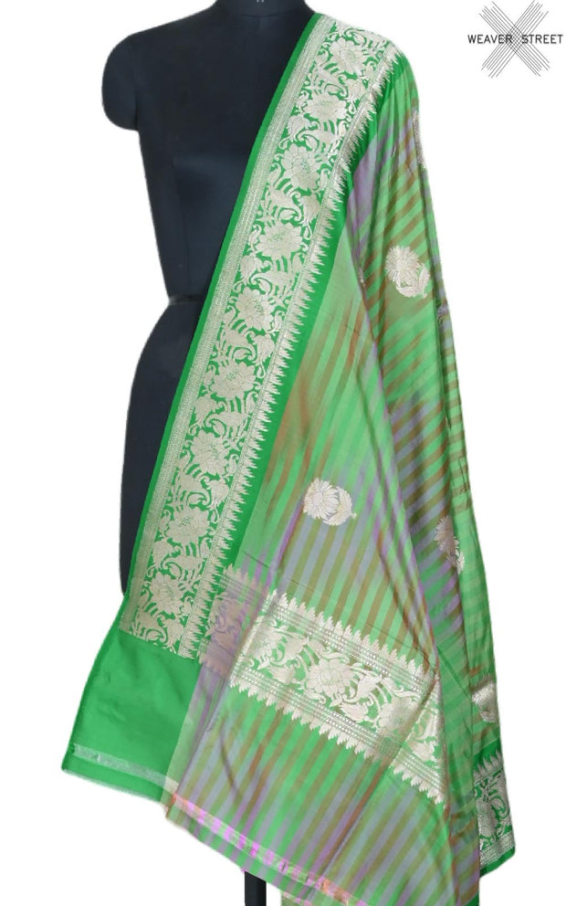 Green rainbow Katan silk handwoven Banarasi dupatta with flower buta (1) main