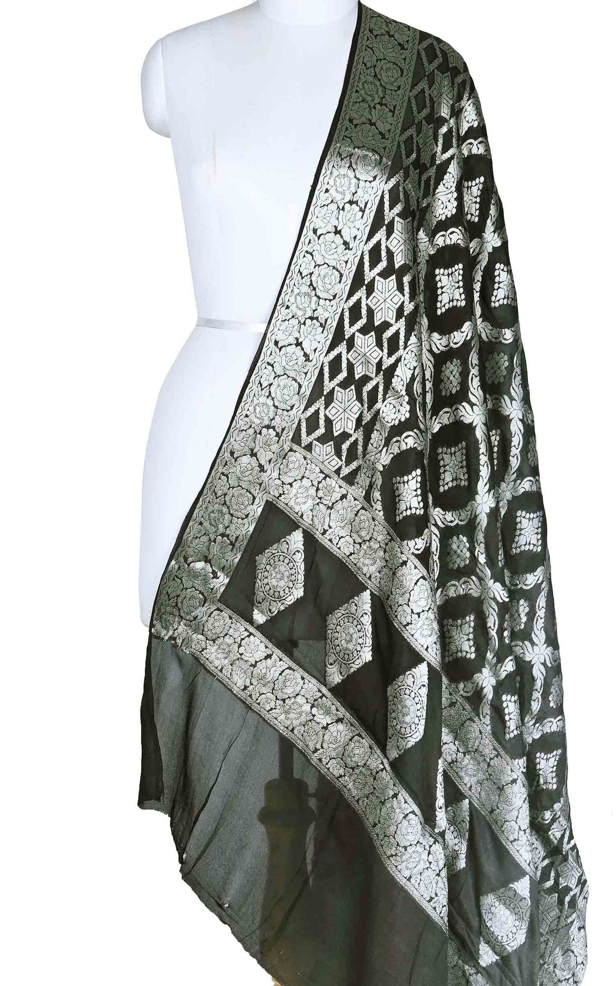 Grey Black shaded khaddi georgette Banarasi dupatta with geometrical jaal (1) Main