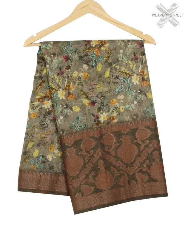 Grey silk linen Banarasi saree with aesthetic floral prints (1) main