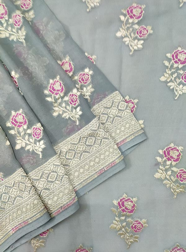 Grey khaddi georgette Banarasi saree with meenedar rose flower boota (2) close up