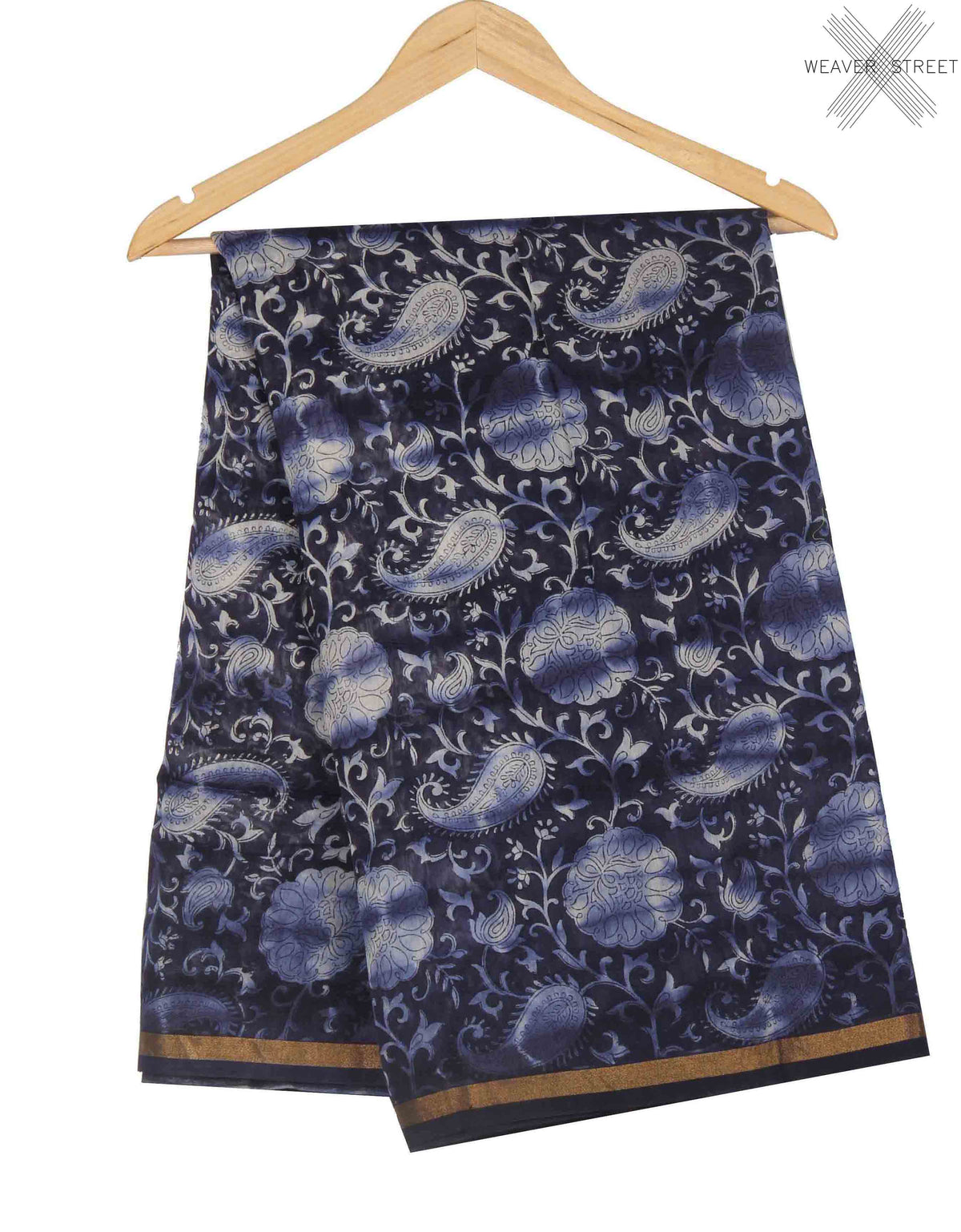Indigo Silk Cotton Saree with Paisley prints (1) main