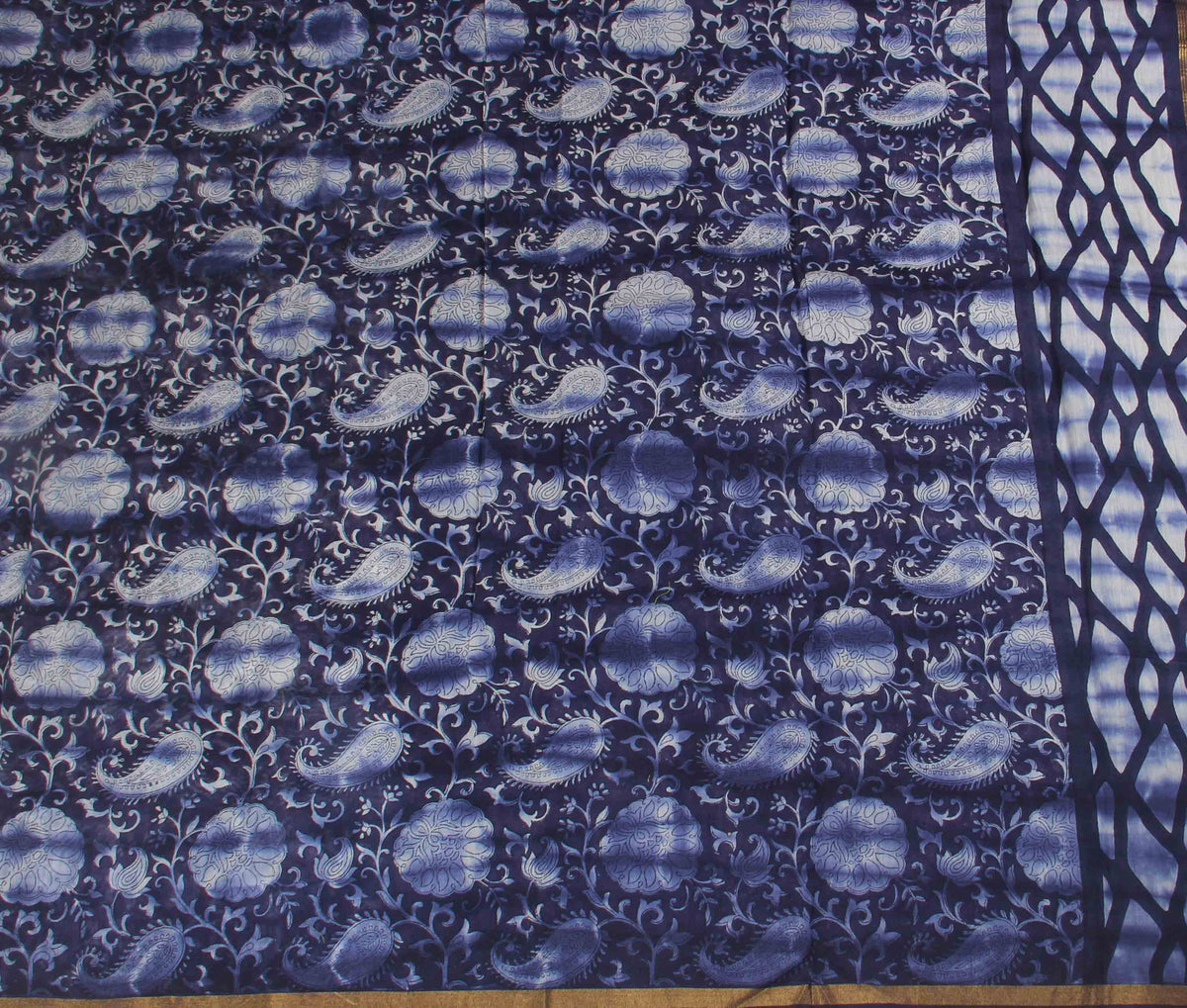 Indigo Silk Cotton Saree with Paisley prints (2) flat