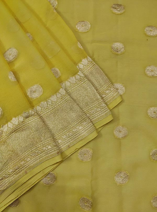 Lemon yellow khaddi georgette Banarasi saree with round booti (2) close up