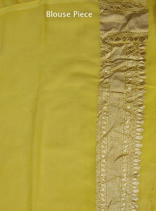 Lemon yellow khaddi georgette Banarasi saree with round booti (5) blouse