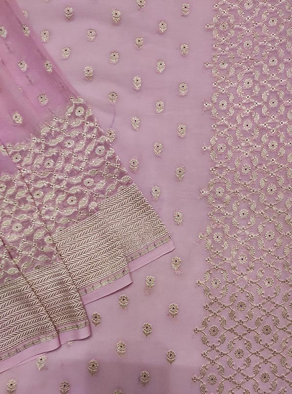 Light Lavender khaddi georgette Banarasi saree with meenedar flower booti (2) close up