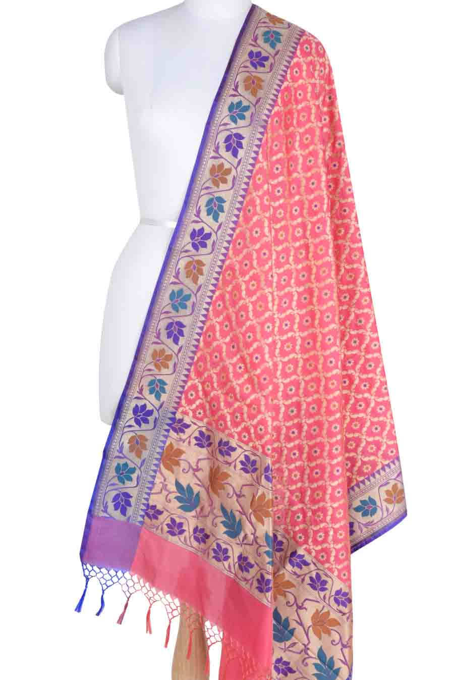 Light Pink Banarasi Dupatta with leaf jaal and floral motifs (1) Main