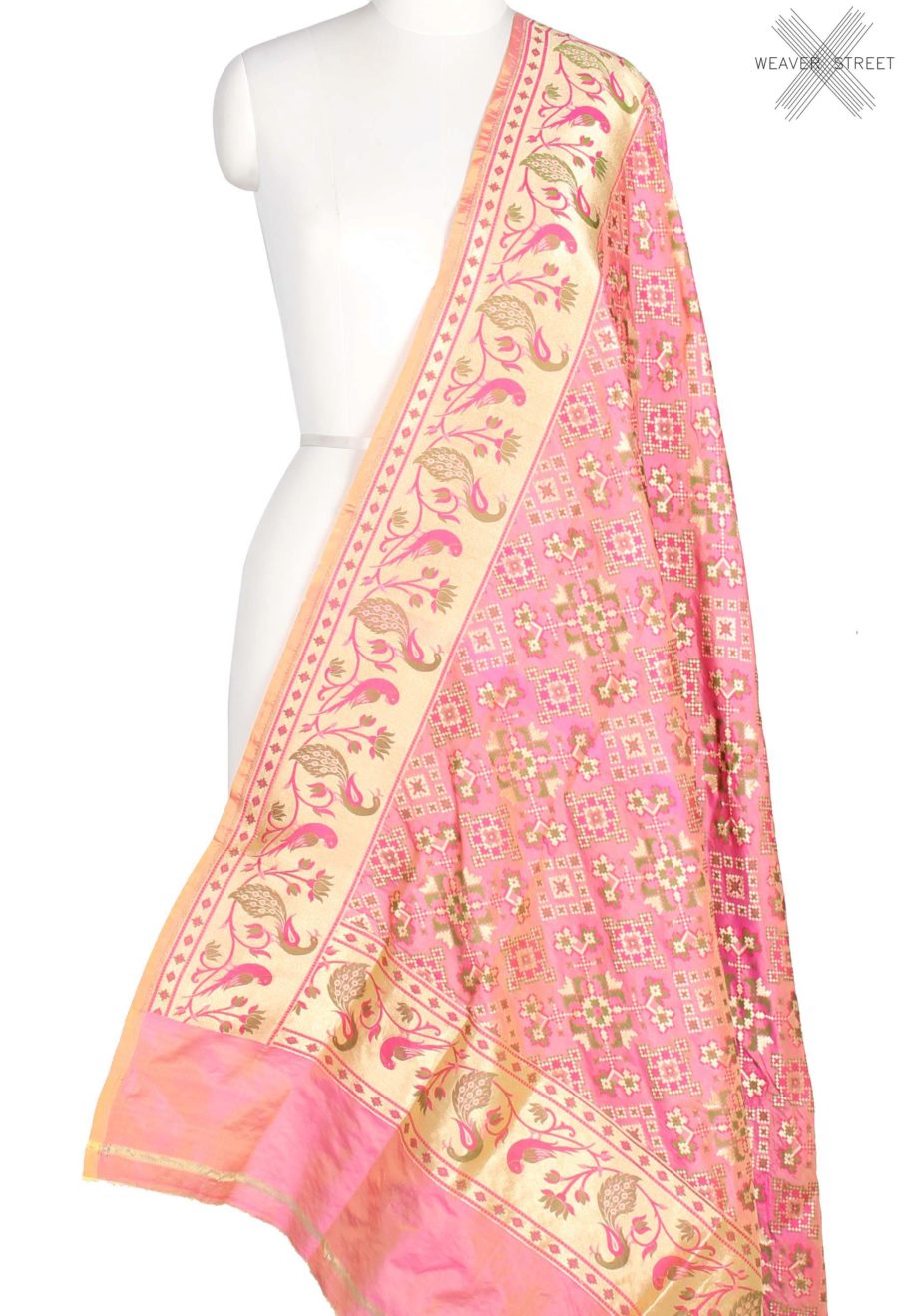 Light Pink Katan Silk Handwoven Banarasi Dupatta with paithani border (1) main