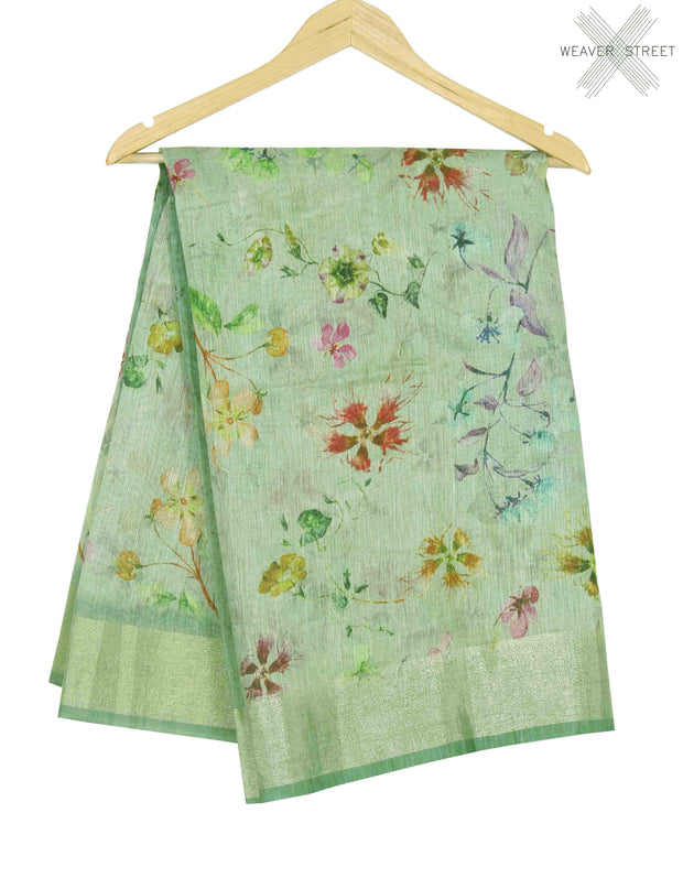 Light green silk linen Banarasi saree with aesthetic floral prints (1) main
