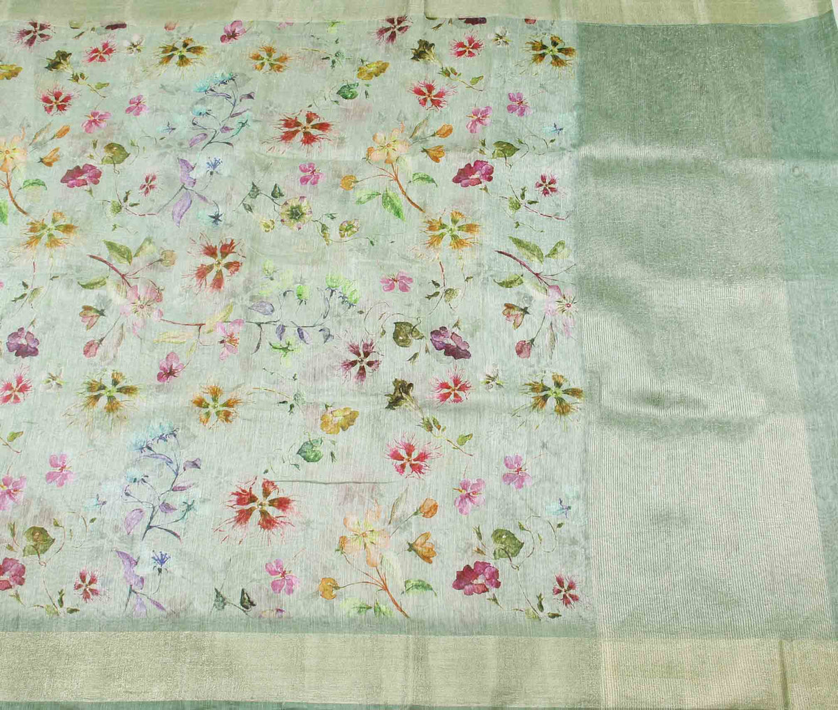 Light green silk linen Banarasi saree with aesthetic floral prints (2) flat