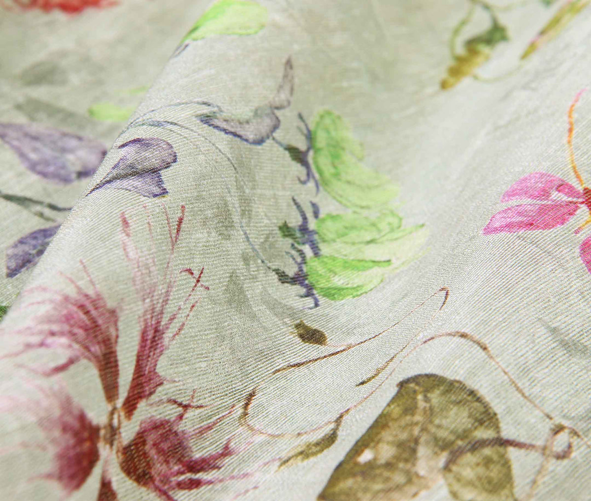 Light green silk linen Banarasi saree with aesthetic floral prints (3) closeup