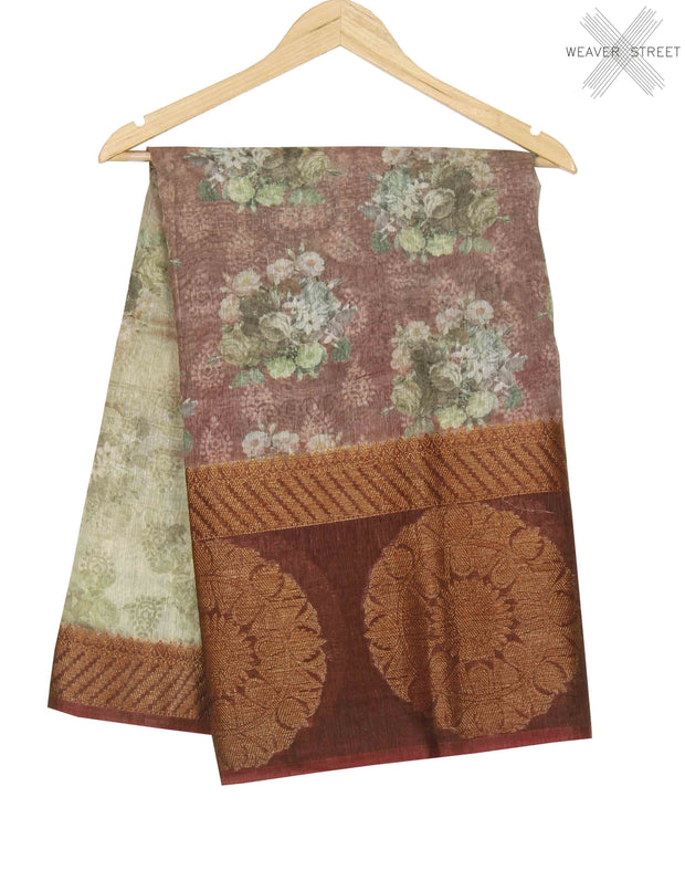 Light wine silk linen Banarasi saree with shaded floral prints (1) main