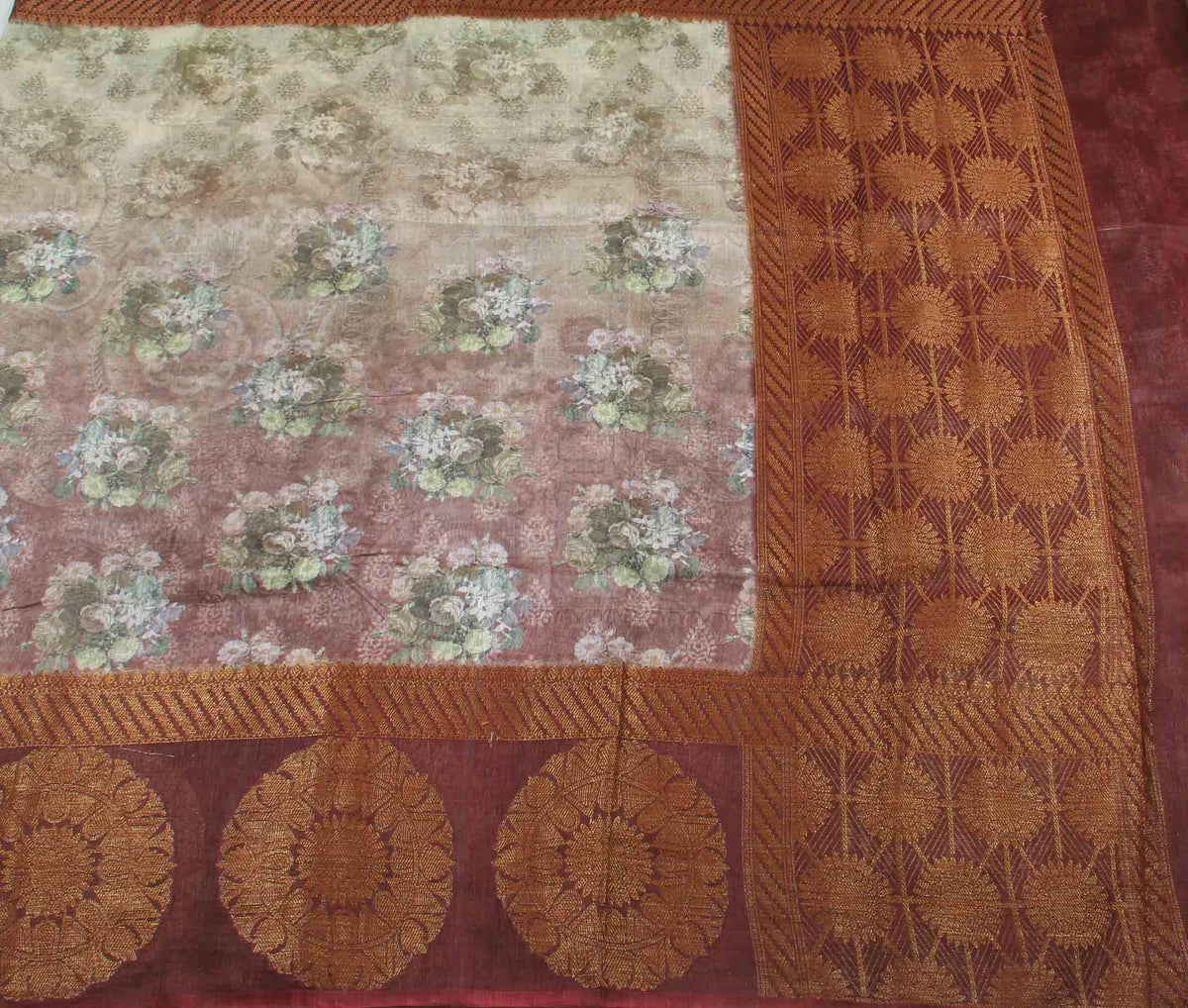 Light wine silk linen Banarasi saree with shaded floral prints (2) flat