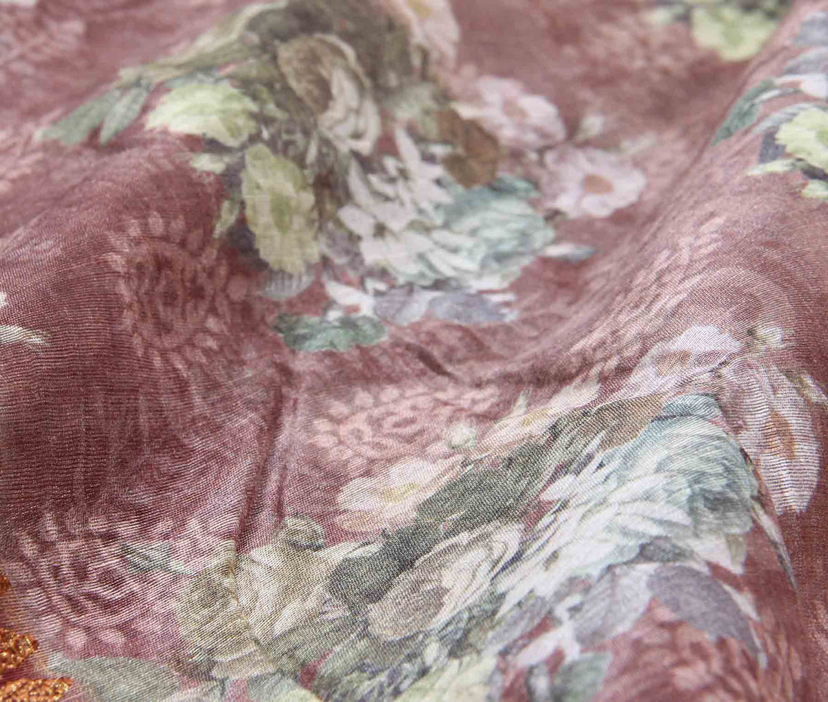 Light wine silk linen Banarasi saree with shaded floral prints (3) closeup