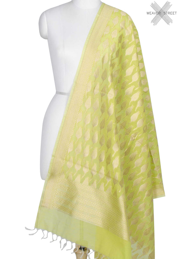 Lime Green Silk Cotton Banarasi Dupatta with rose bud motifs (1) Main