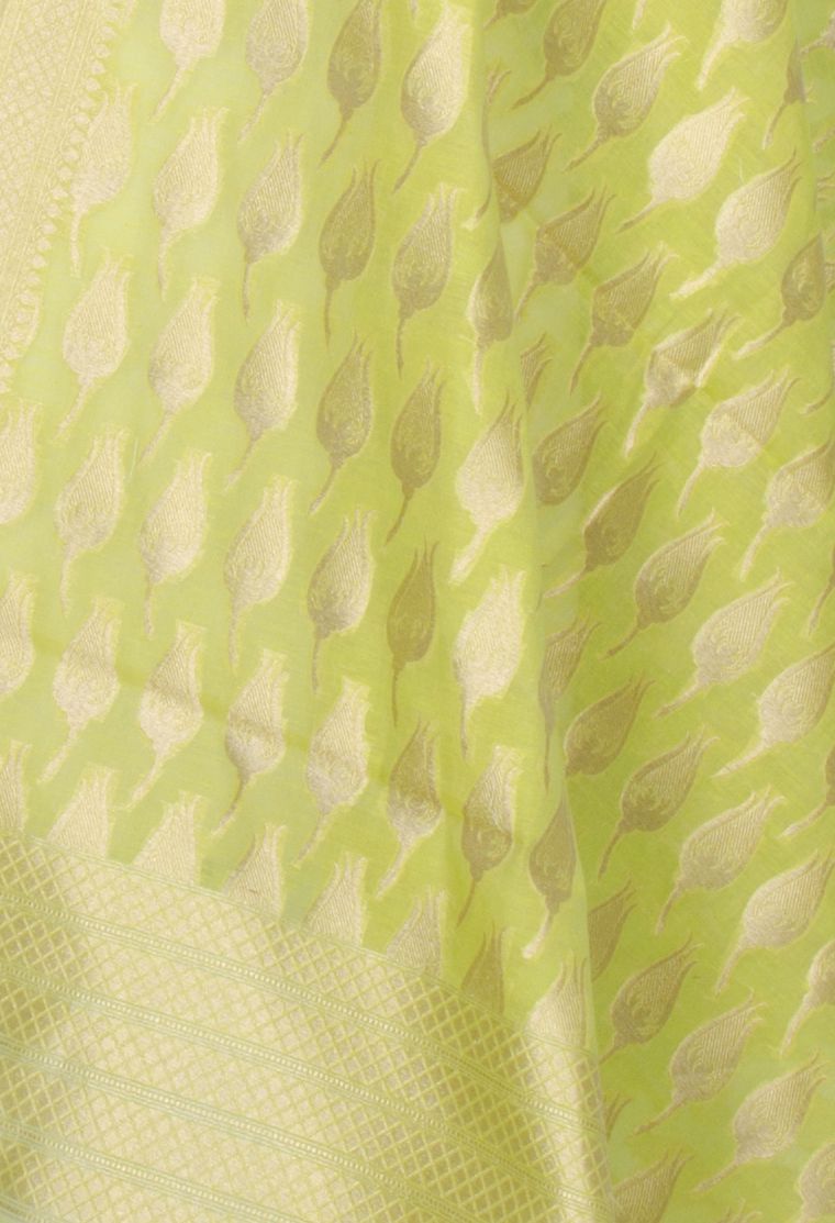 Lime Green Silk Cotton Banarasi Dupatta with rose bud motifs (2) Close up