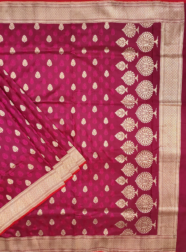 Magenta Katan silk handloom tanchoi Banarasi saree with mughal booti (1) main