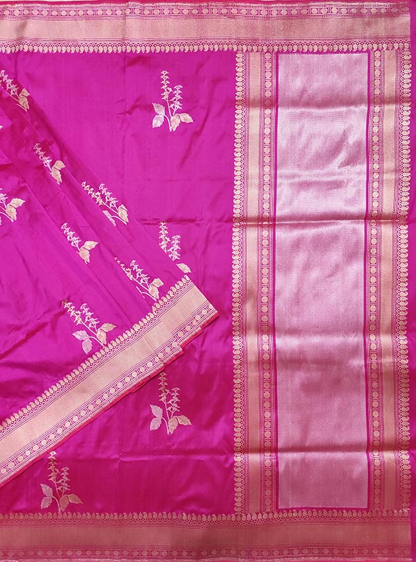 Magenta katan silk Banarasi saree with tulsi plant boota in sona rupa zari (1) main