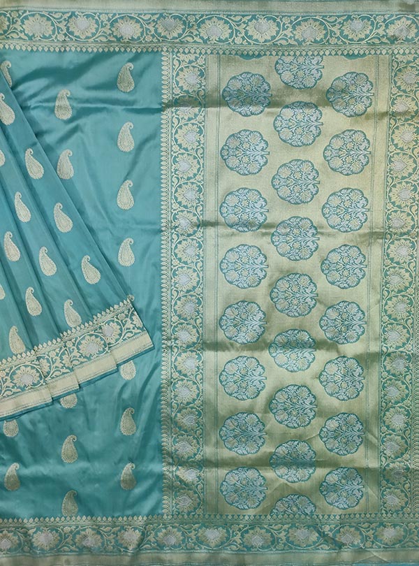 Manganese Blue Katan silk handloom Banarasi saree with paisley boota (1) Main