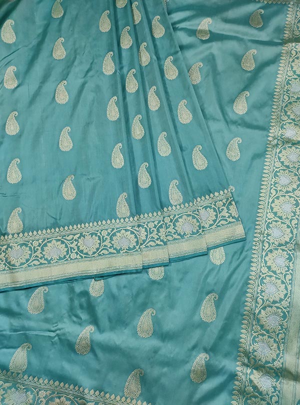 Manganese Blue Katan silk handloom Banarasi saree with paisley boota (3) Center