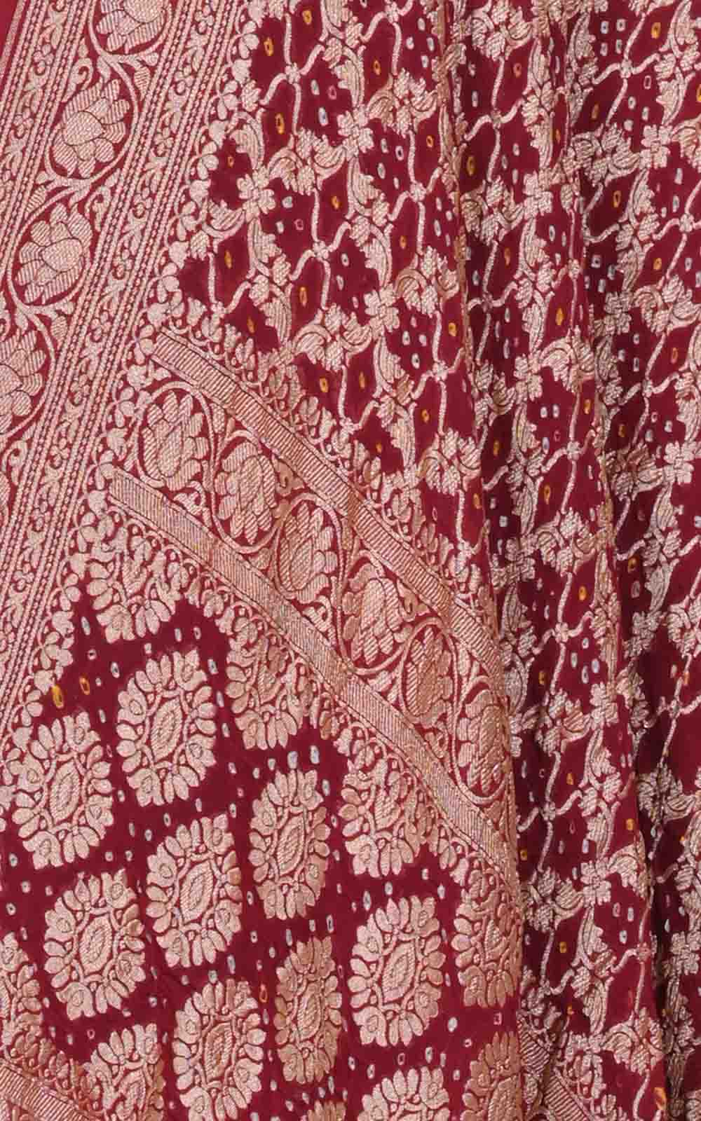 Maroon Khaddi georgette Bandhani dupatta with geometrical jaal (2) closeup
