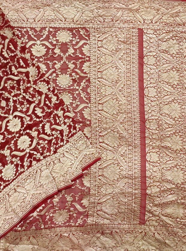 Maroon Khaddi georgette Handwoven Banarasi saree with asthetic jaal (1) Main