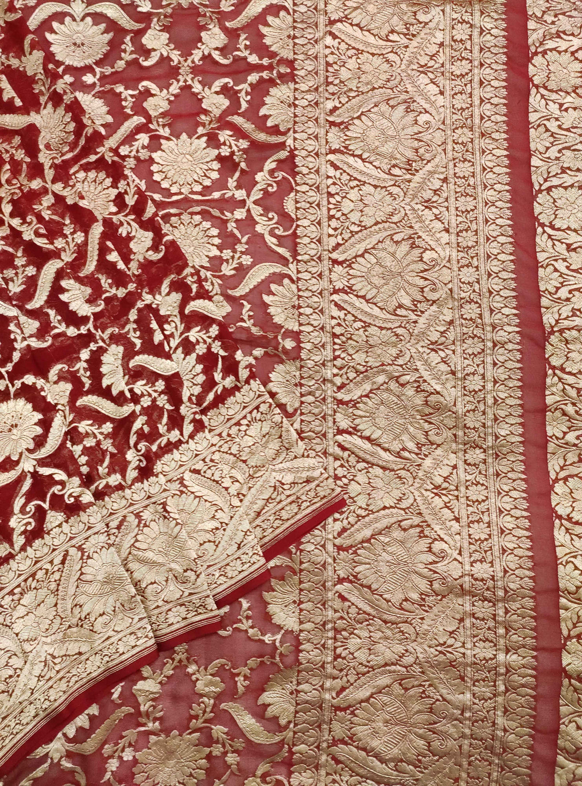 Maroon Khaddi georgette Handwoven Banarasi saree with asthetic jaal (3) Front