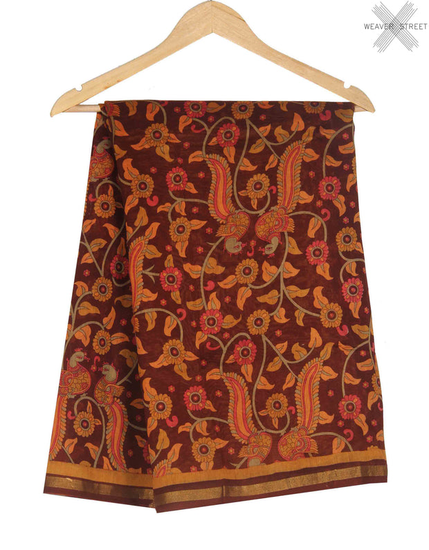 Maroon Silk Cotton Saree with Bird and floral prints (1) main