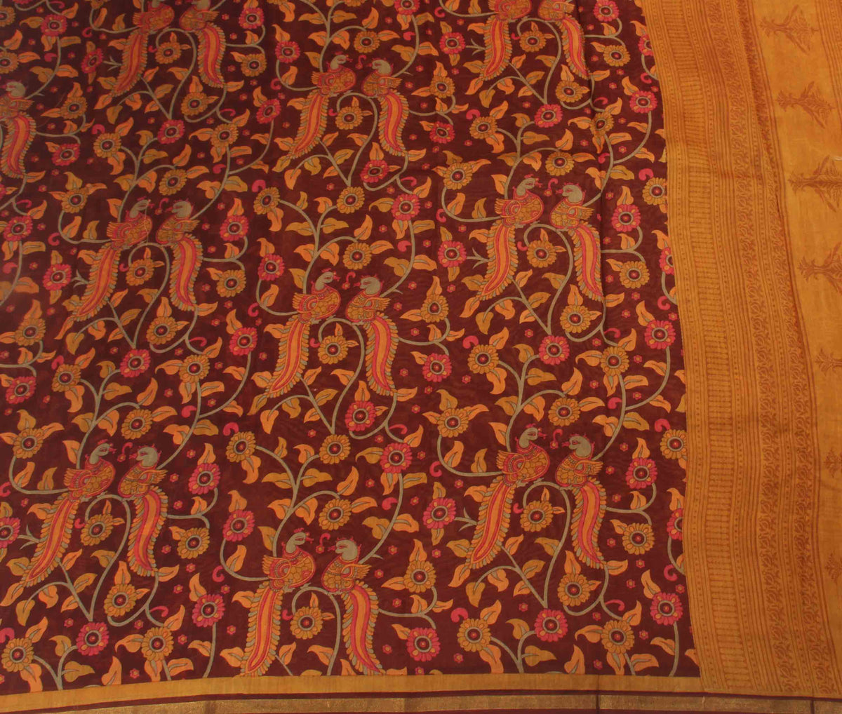 Maroon Silk Cotton Saree with Bird and floral prints (2) flat