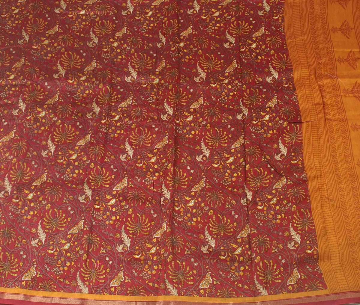 Maroon butterfly printed silk cotton saree (2) flat